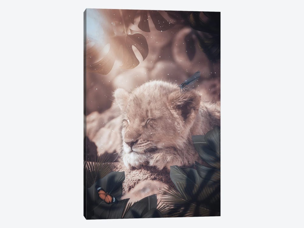 Baby Lion Sleeping In The Jungle With Insects Friends by GEN Z 1-piece Art Print