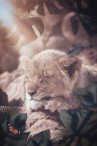 Lions: Baby Lion Sleeping In The Jungle With Insects Friends by GEN Z