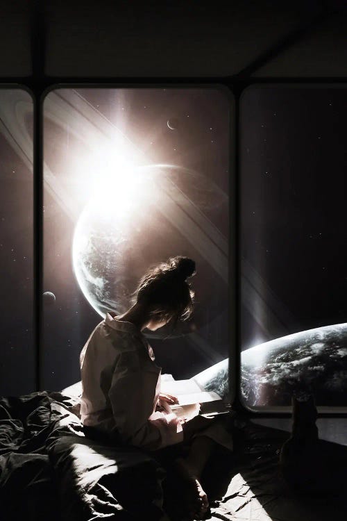 Girl With Her Cat On Her Bed Reading A Book In The Light Of The Solar System