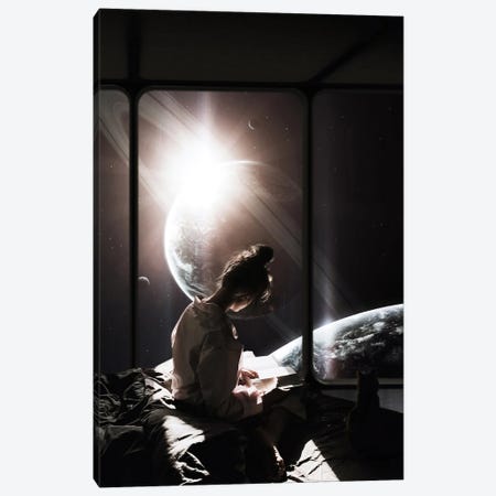 Girl With Her Cat On Her Bed Reading A Book In The Light Of The Solar System Canvas Print #GEZ421} by GEN Z Canvas Artwork