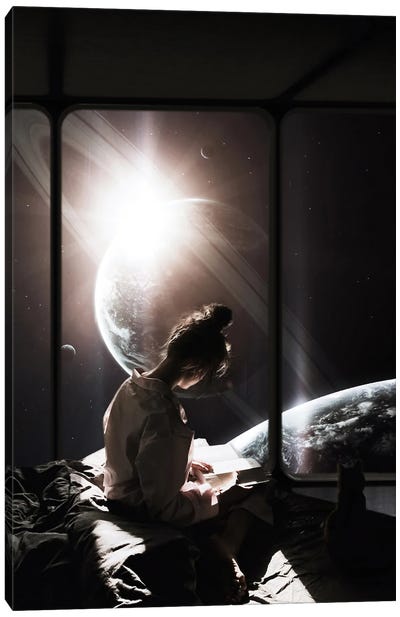 Girl With Her Cat On Her Bed Reading A Book In The Light Of The Solar System Canvas Art Print - GEN Z