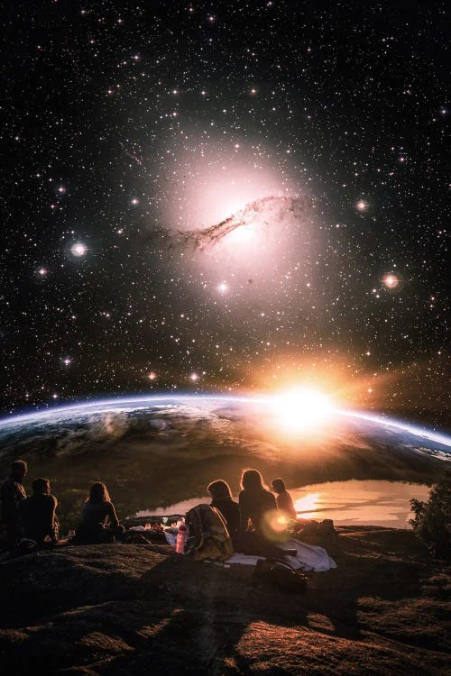 Friendship Sitting On A Rock And Admiring Space View