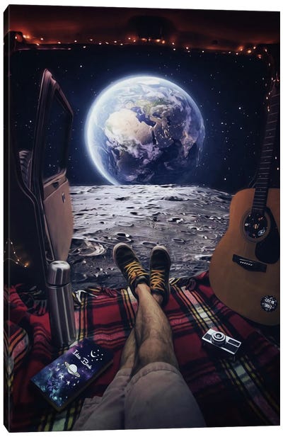 Gabriel In Van On The Moon Look At Planet Earth Canvas Art Print - Exploration Art