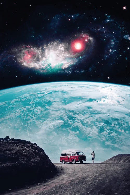 Red Van Travel In Front Of Planet Earth