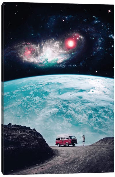 Red Van Travel In Front Of Planet Earth Canvas Art Print - Exploration Art