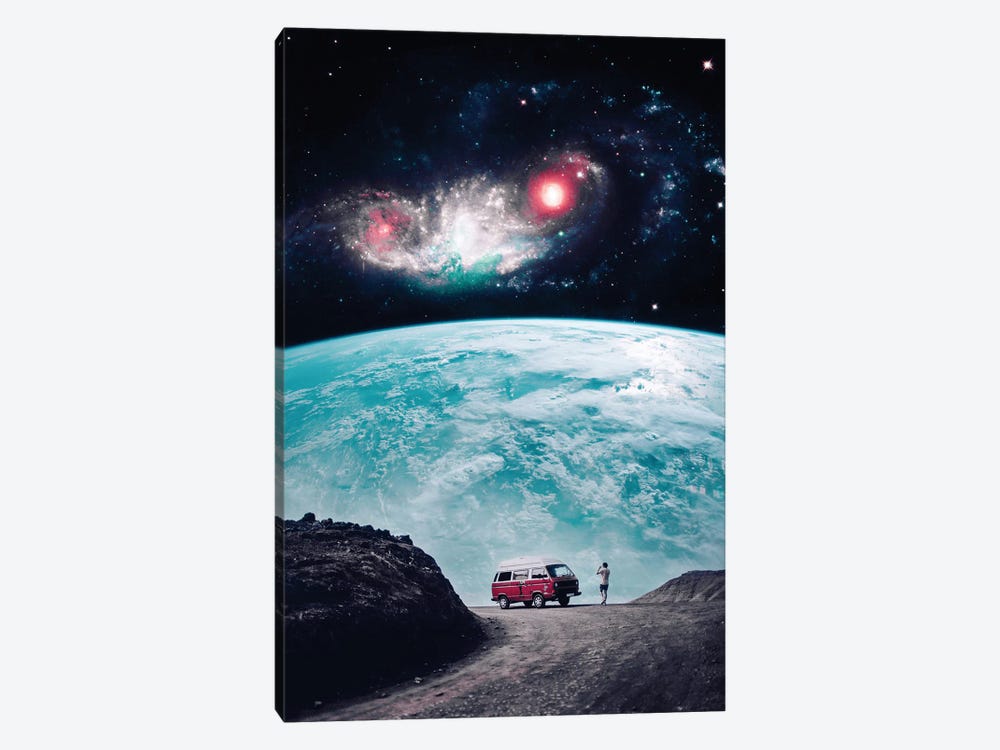 Red Van Travel In Front Of Planet Earth by GEN Z 1-piece Canvas Artwork