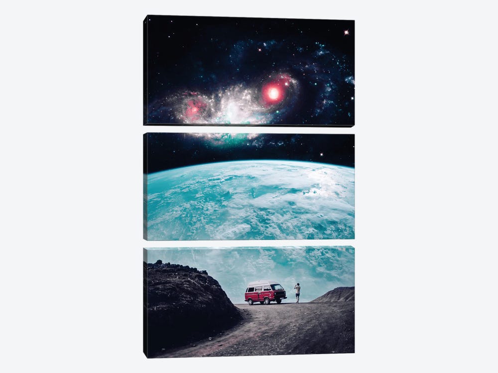 Red Van Travel In Front Of Planet Earth by GEN Z 3-piece Canvas Art
