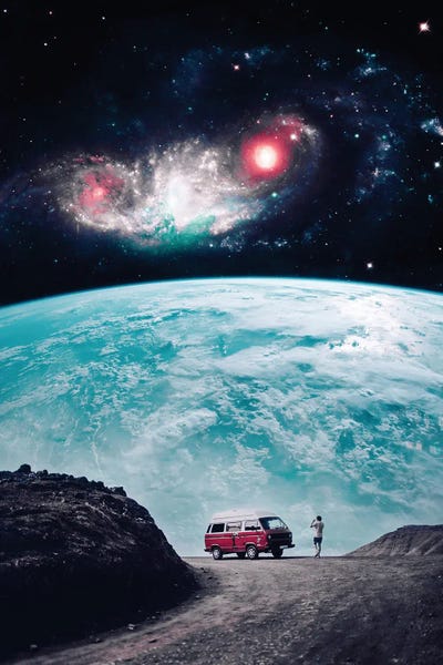 Red Van Travel In Front Of Planet Earth
