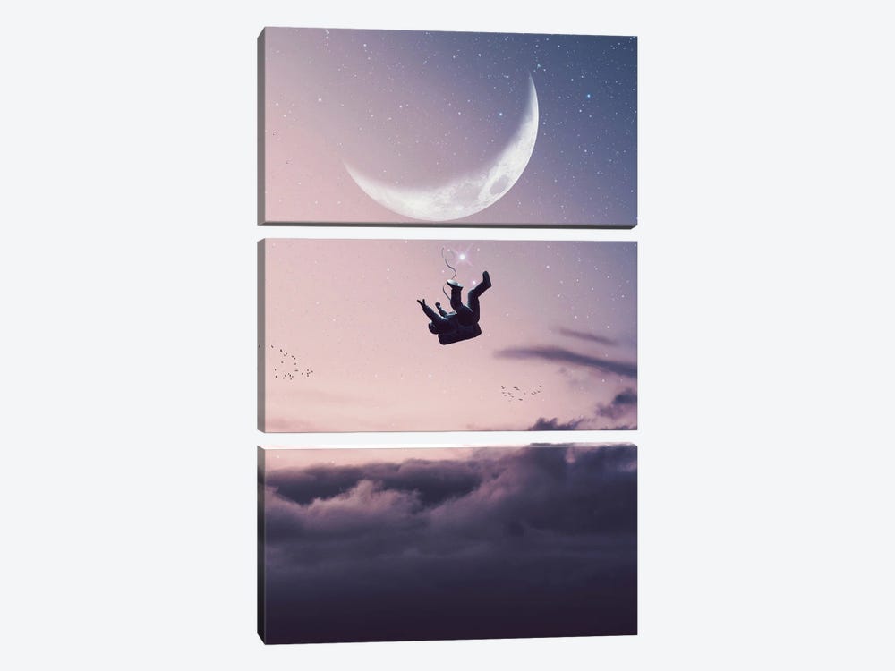 Astronaut Falling On Pink Clouds And Crescent Moon by GEN Z 3-piece Canvas Wall Art