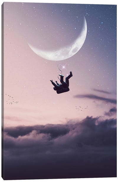 Astronaut Falling On Pink Clouds And Crescent Moon Canvas Art Print - GEN Z