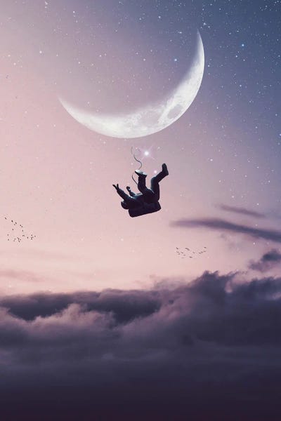Astronaut Falling On Pink Clouds And Crescent Moon