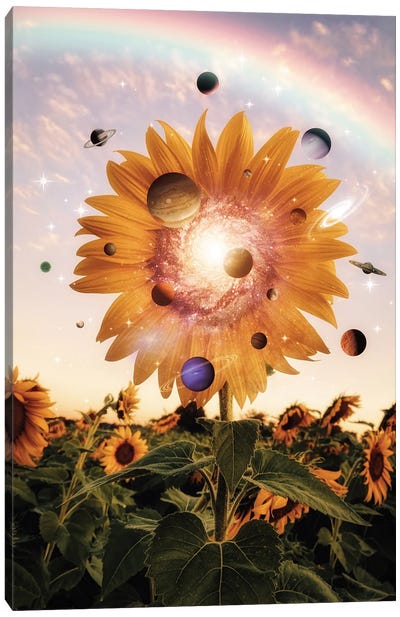 Sunflower, Rainbow And Solar System Canvas Art Print - Solar System Art
