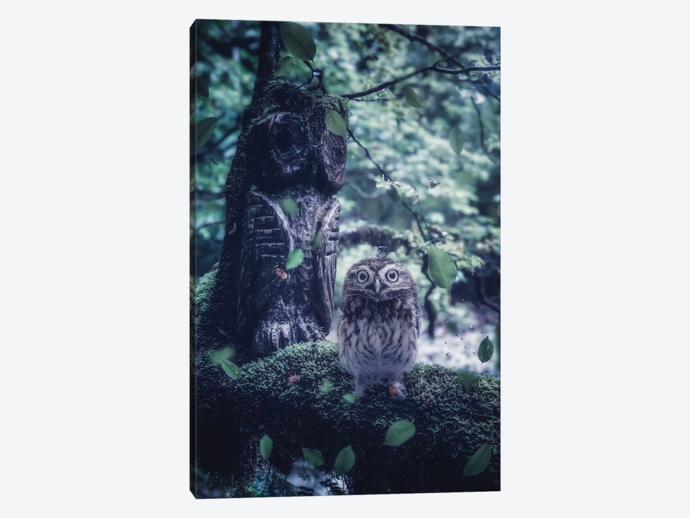 Baby Owl And Wood Totem In Forest by GEN Z 1-piece Canvas Artwork