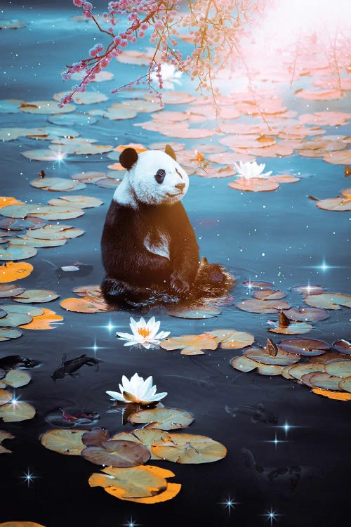 Baby Panda Floating On Water Lilies