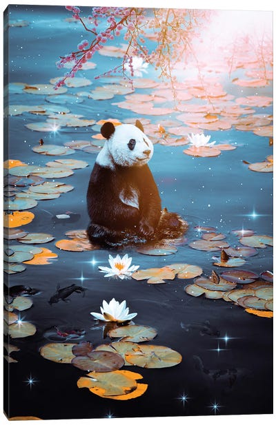 Baby Panda Floating On Water Lilies Canvas Art Print - Gentle Giants