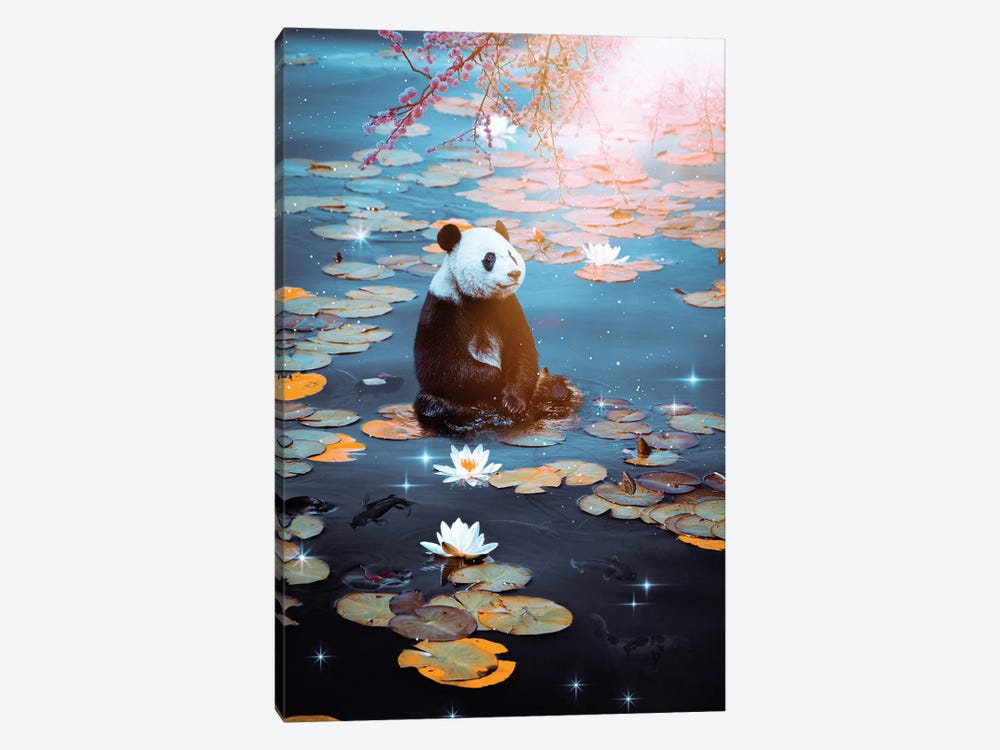 Baby Panda Floating On Water Lilies by GEN Z 1-piece Canvas Print