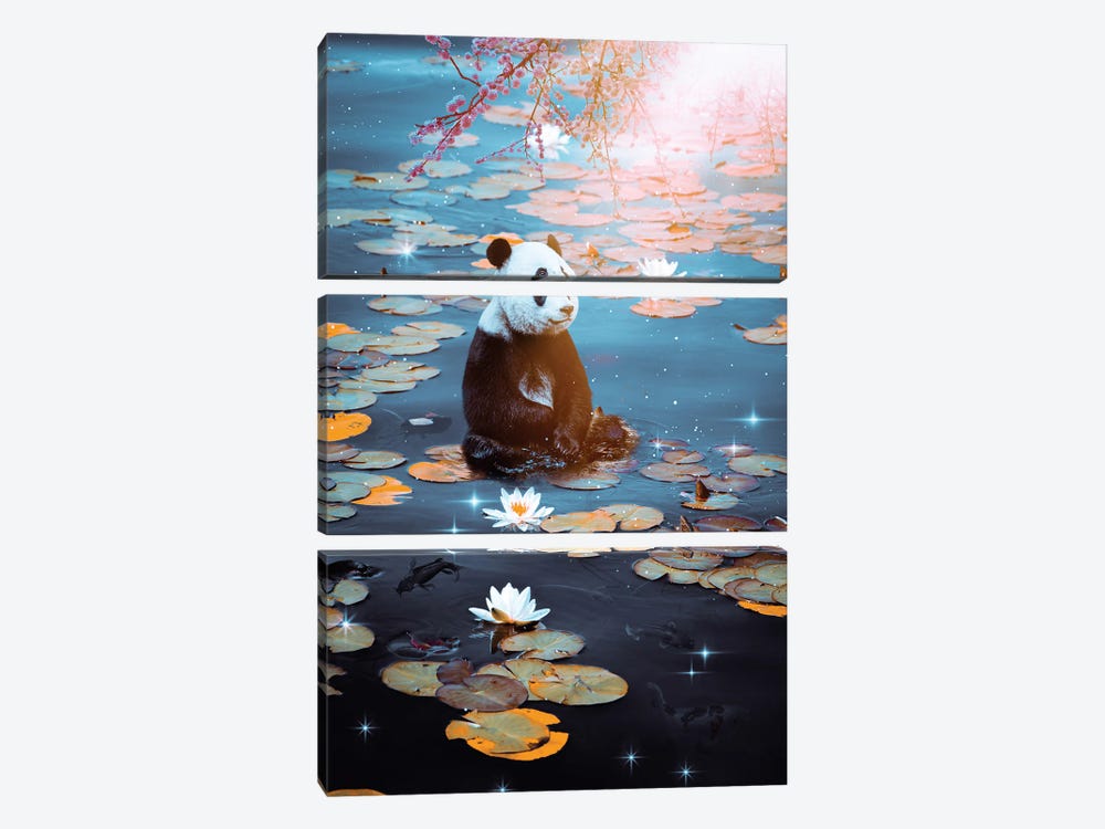 Baby Panda Floating On Water Lilies by GEN Z 3-piece Canvas Print
