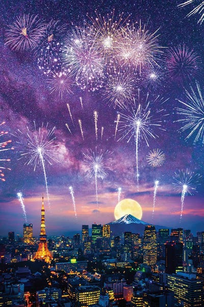 Fireworks In The Sky And Mount Fuji In Japan by GEN Z gallery poster