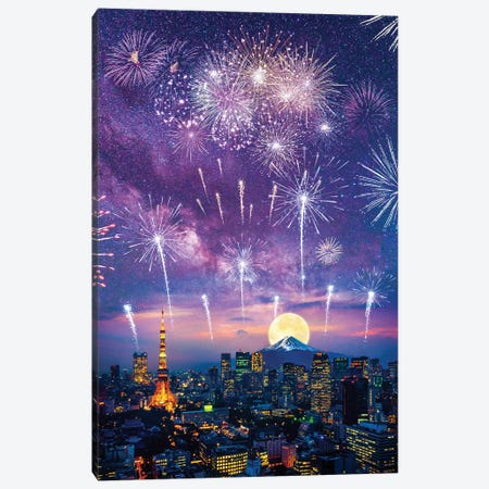 Fireworks In The Sky And Mount Fuji In Japan Canvas Print #GEZ434} by GEN Z Canvas Artwork