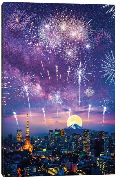 Fireworks In The Sky And Mount Fuji In Japan Canvas Art Print - Fireworks