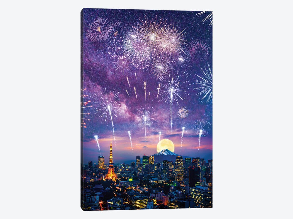 Fireworks In The Sky And Mount Fuji In Japan by GEN Z 1-piece Art Print