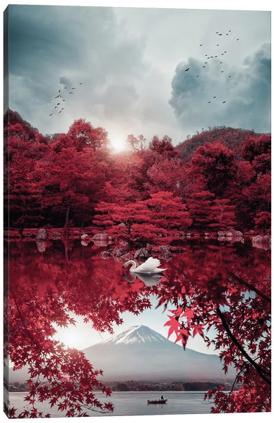 Japan Mount Fuji And Beautiful White Swan Canvas Art Print - Japanese Maple Tree Art