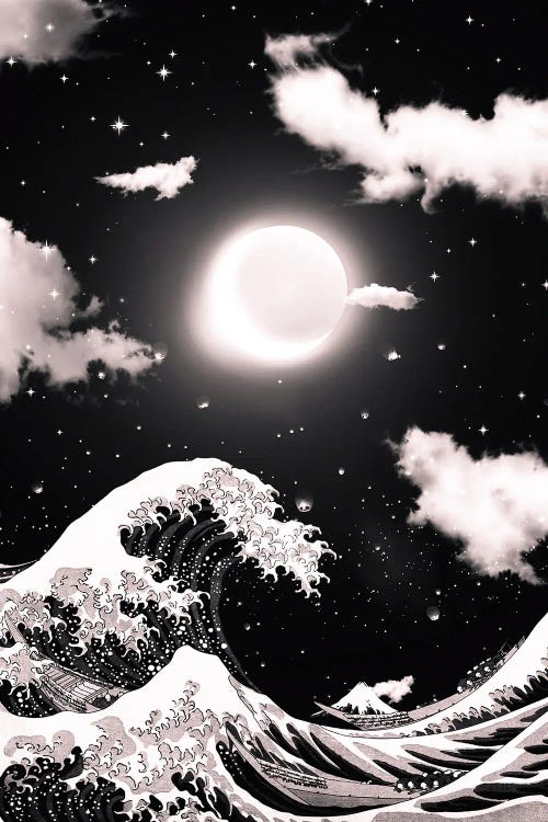 The Great Wave Of Kanagawa Black And White And Moons Eclipse