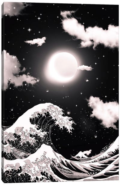 The Great Wave Of Kanagawa Black And White And Moons Eclipse Canvas Art Print - The Great Wave Reimagined