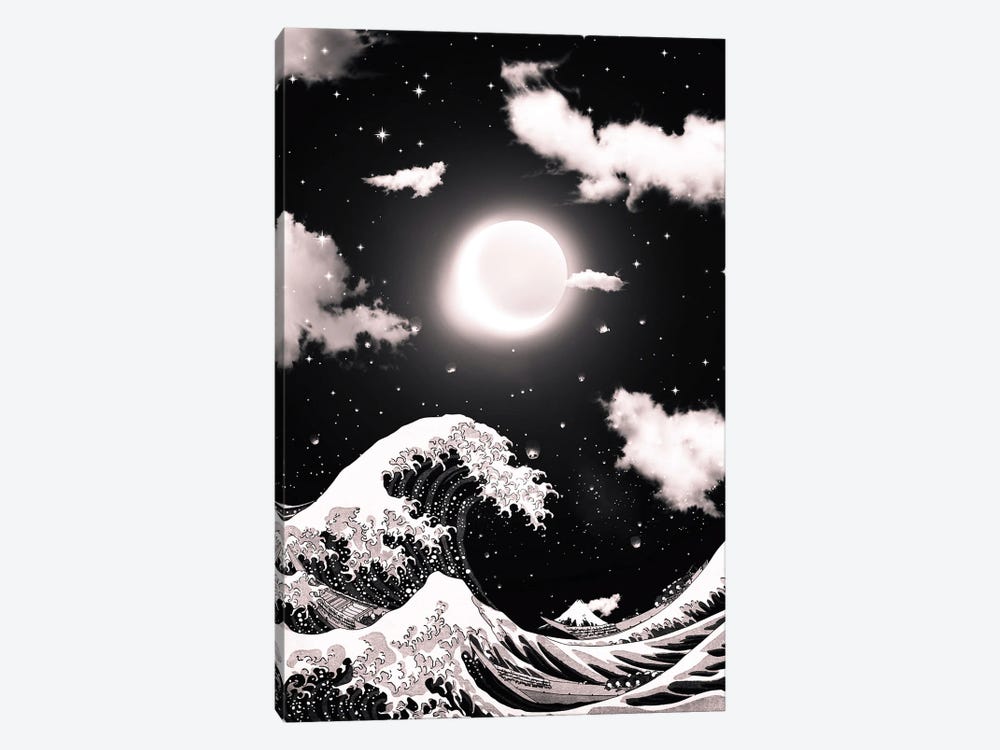 The Great Wave Of Kanagawa Black And White And Moons Eclipse 1-piece Canvas Wall Art
