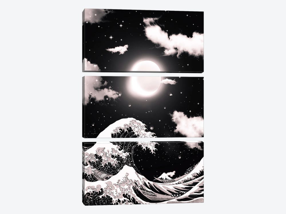 The Great Wave Of Kanagawa Black And White And Moons Eclipse by GEN Z 3-piece Canvas Wall Art