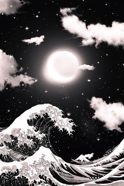 The Great Wave Of Kanagawa Black And White And Moons Eclipse