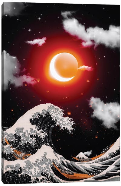 The Great Wave Of Kanagawa And Red Sun With Moon Eclipse Canvas Art Print - Sun and Moon Art Collection | Sun Moon Paintings & Wall Decor