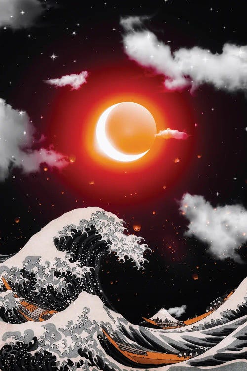 The Great Wave Of Kanagawa And Red Sun With Moon Eclipse