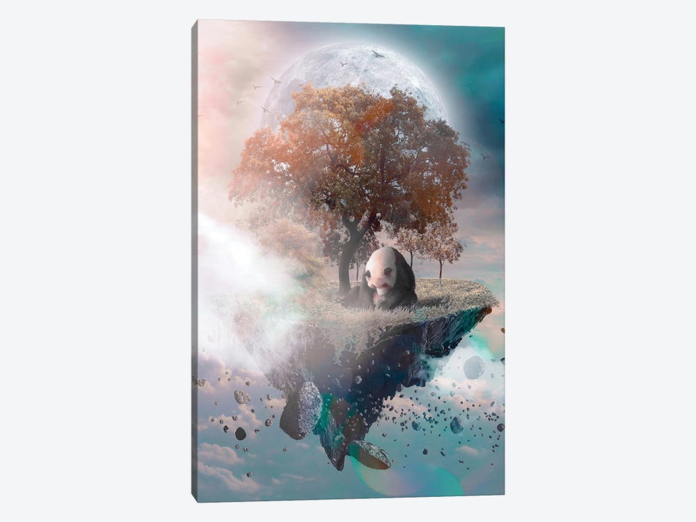 Panda On Floating Rock In Fantasy Sky With Moon by GEN Z 1-piece Canvas Print
