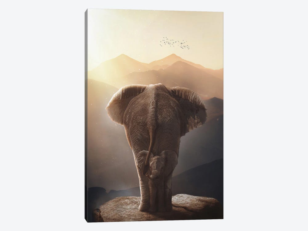 Baby Elephant And Mother In African's Mountains by GEN Z 1-piece Art Print