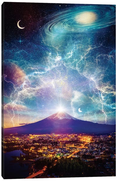 Mount Fuji Space Lightning And Tokyo City Lights Canvas Art Print - Lightning