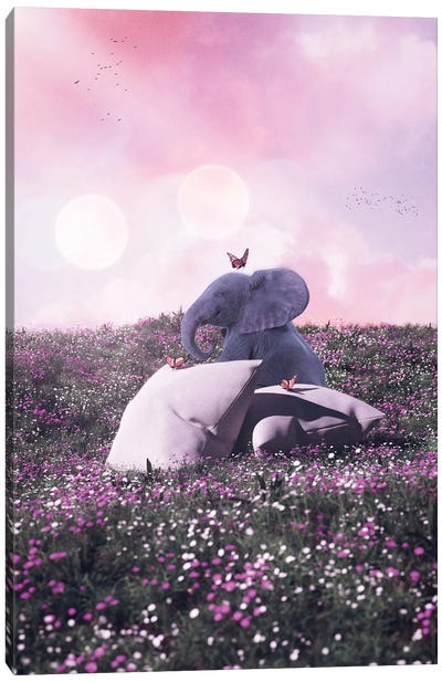 Baby Elephant, Butterflies And Pillows In The Flowers Canvas Art Print - GEN Z