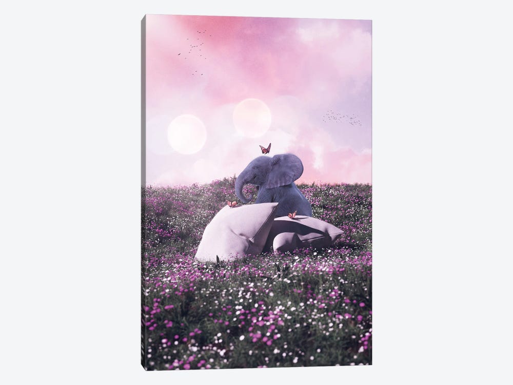 Baby Elephant, Butterflies And Pillows In The Flowers by GEN Z 1-piece Canvas Art Print