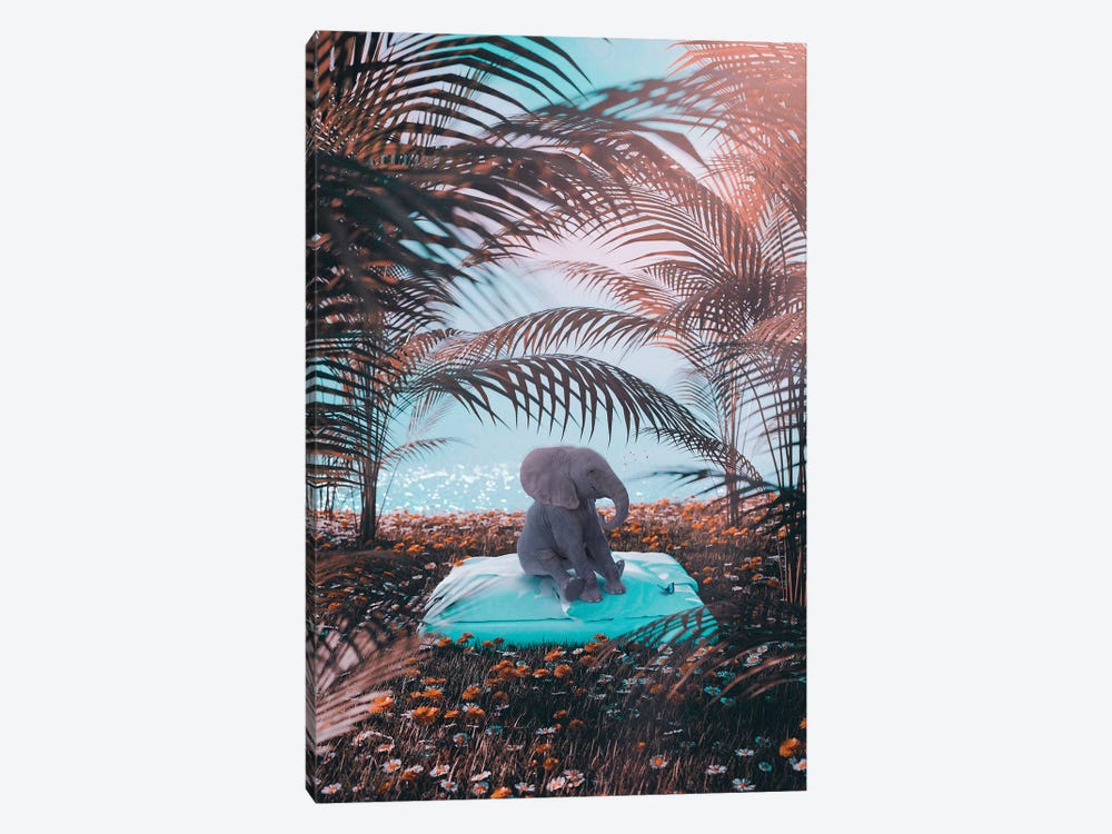 Cute Little Baby Elephant On A Pillow Behind Beach by GEN Z 1-piece Canvas Print