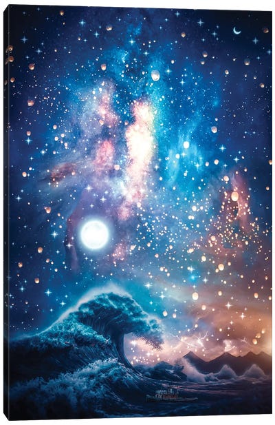 View Of Mount Fuji Wave And Japanese Lanterns Canvas Art Print - Milky Way Galaxy Art