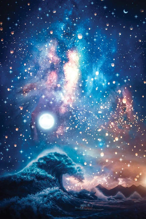 View Of Mount Fuji Wave And Japanese Lanterns