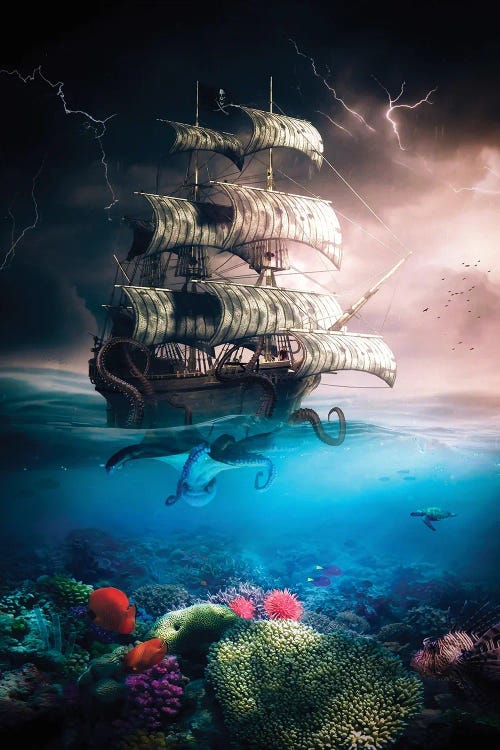 Kraken Attacks Pirate Ship During Thunderstorm