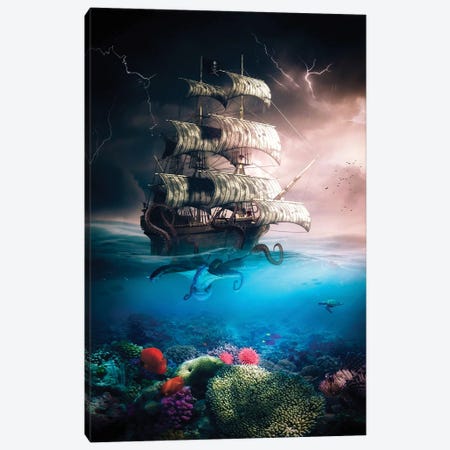 Kraken Attacks Pirate Ship During Thunderstorm Canvas Print #GEZ457} by GEN Z Canvas Artwork