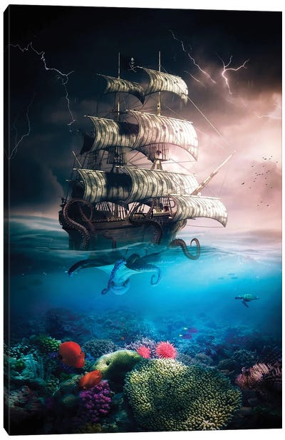 Kraken Attacks Pirate Ship During Thunderstorm Canvas Art Print - Coral Art