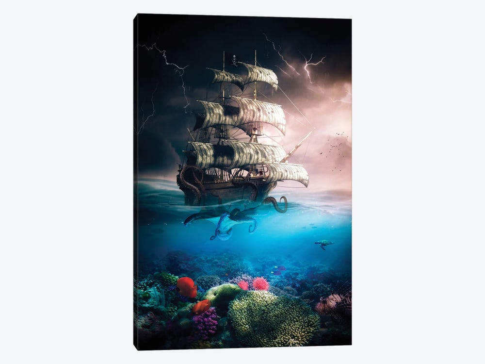 Kraken Attacks Pirate Ship During Thunderstorm by GEN Z 1-piece Canvas Artwork