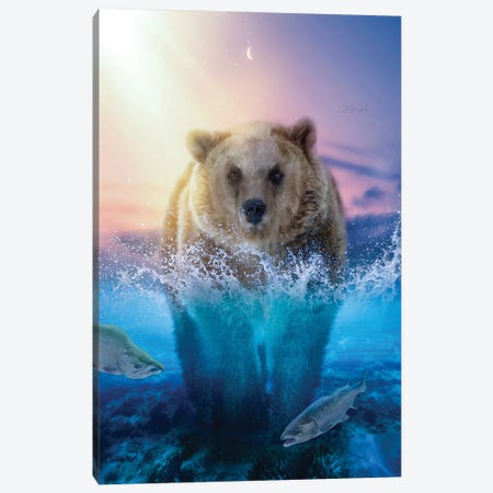 Brown Bear Fishing For Salmon In River Canvas Print #GEZ45} by GEN Z Canvas Artwork