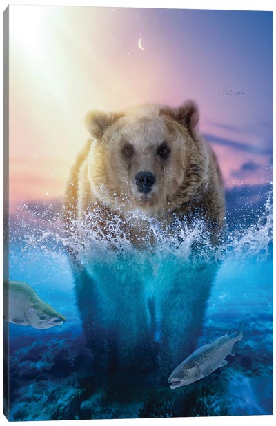 Brown Bear Fishing For Salmon In River Canvas Art Print - GEN Z