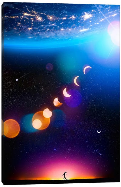Silhouette Light Planet Earth And Crescent Moons Canvas Art Print - GEN Z