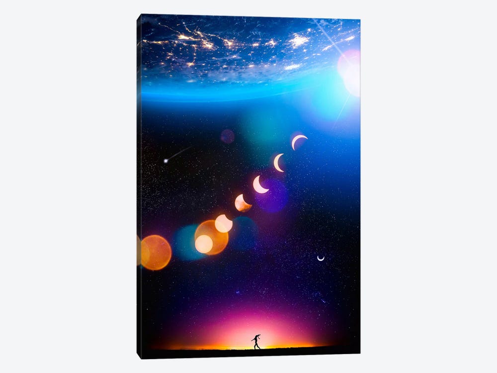 Silhouette Light Planet Earth And Crescent Moons by GEN Z 1-piece Canvas Wall Art