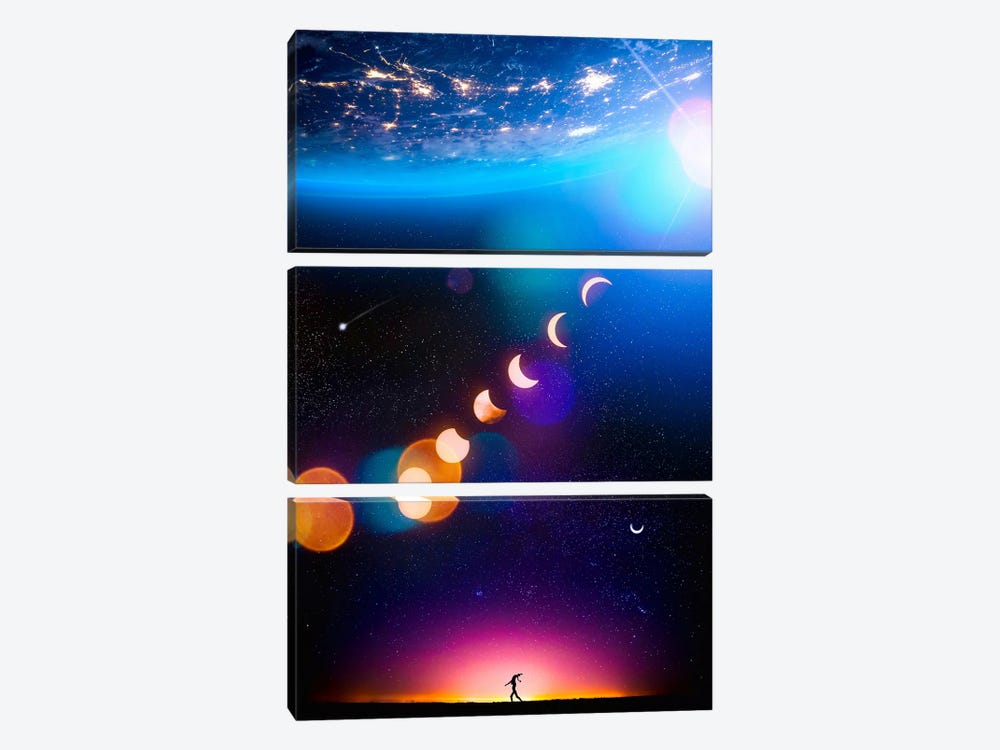 Silhouette Light Planet Earth And Crescent Moons by GEN Z 3-piece Canvas Artwork